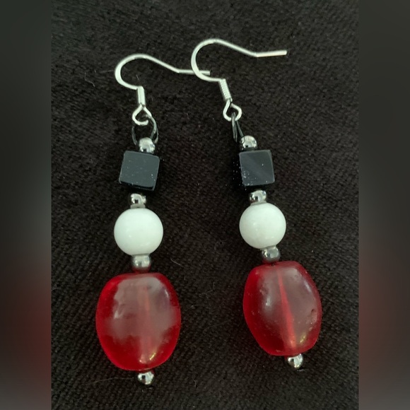 RED vintage glass, WHITE moonstone & BLUE sandstone crafted into earrings. 2.5” - Picture 1 of 2